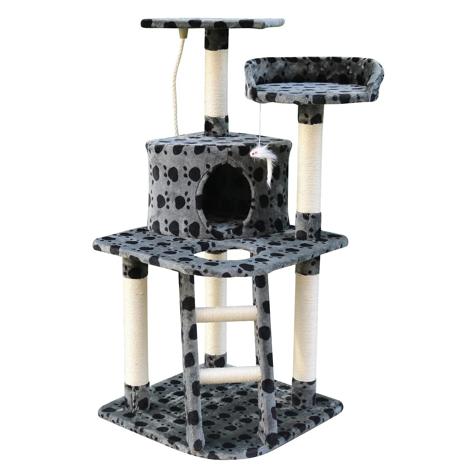 4Paws Cat Tree Scratching Post House Furniture Bed | Luxury Plush Play | 120cm | Grey