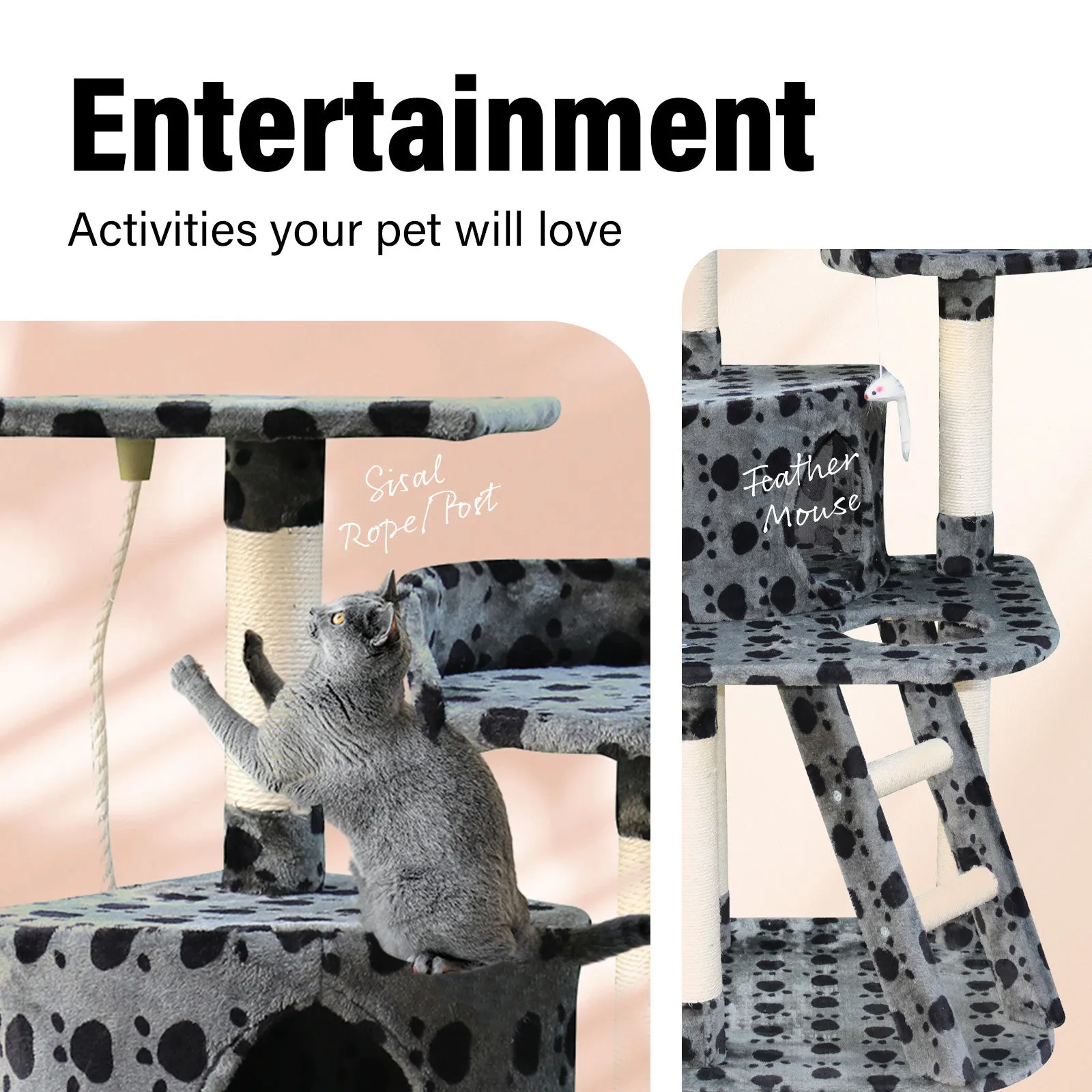 4Paws Cat Tree Scratching Post House Furniture Bed | Luxury Plush Play | 120cm | Grey
