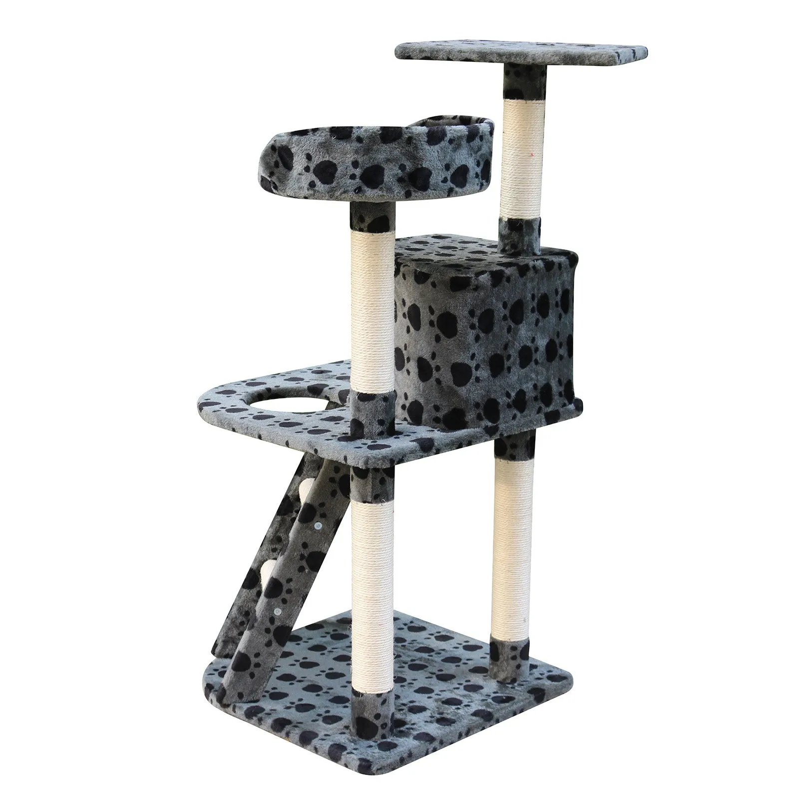 4Paws Cat Tree Scratching Post House Furniture Bed | Luxury Plush Play | 120cm | Grey