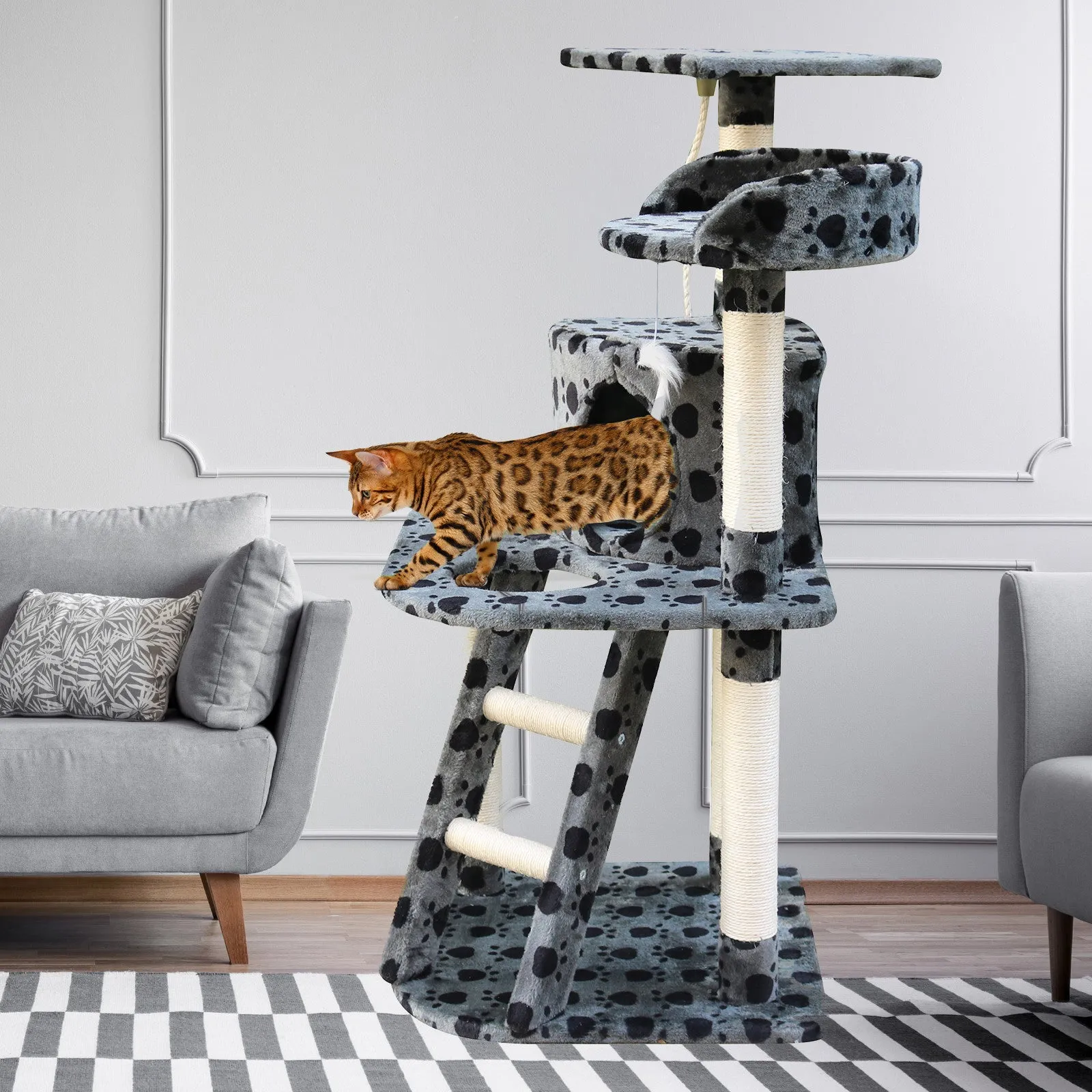 4Paws Cat Tree Scratching Post House Furniture Bed | Luxury Plush Play | 120cm | Grey