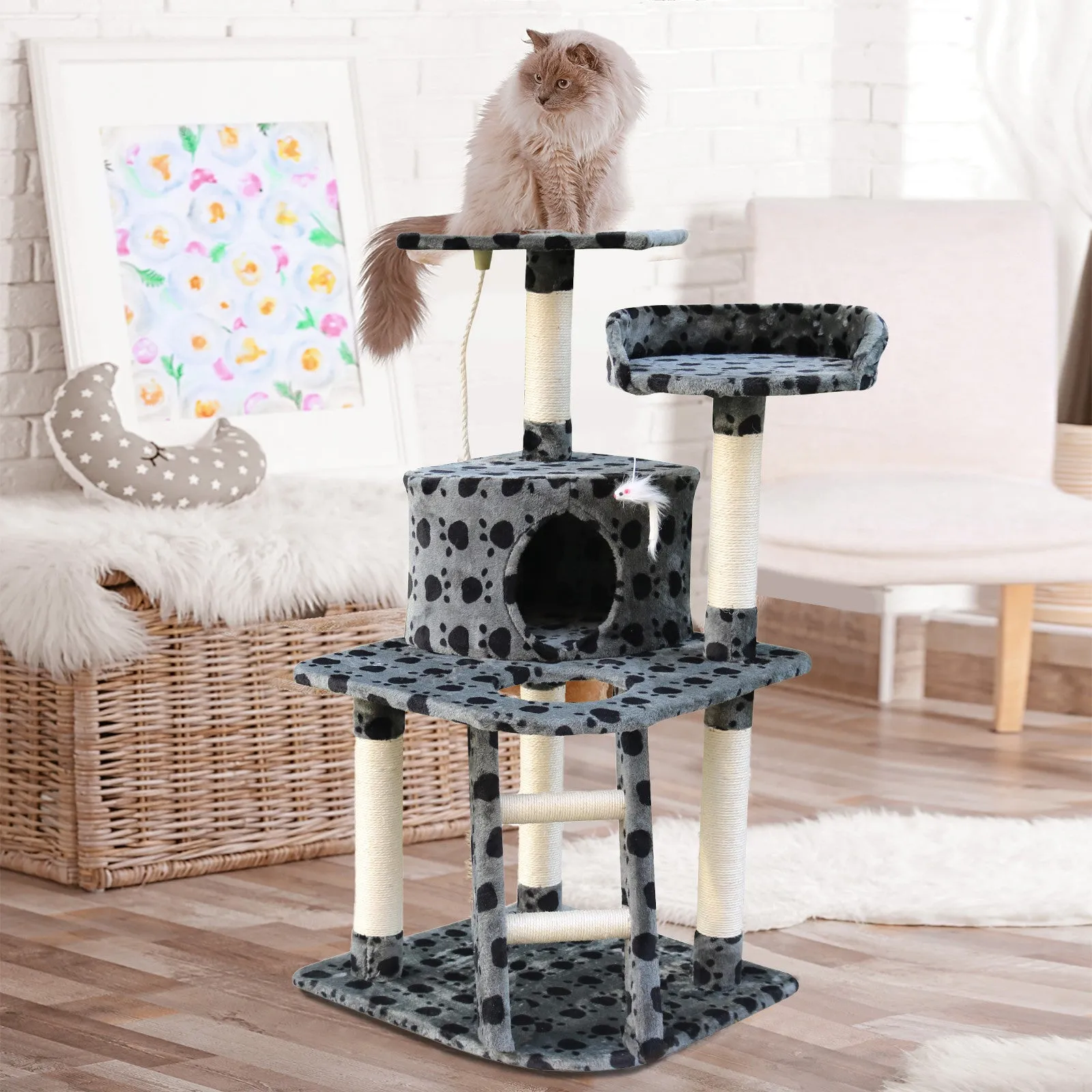 4Paws Cat Tree Scratching Post House Furniture Bed | Luxury Plush Play | 120cm | Grey